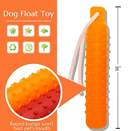 Orange dog float toy with round bumps and rope handle.