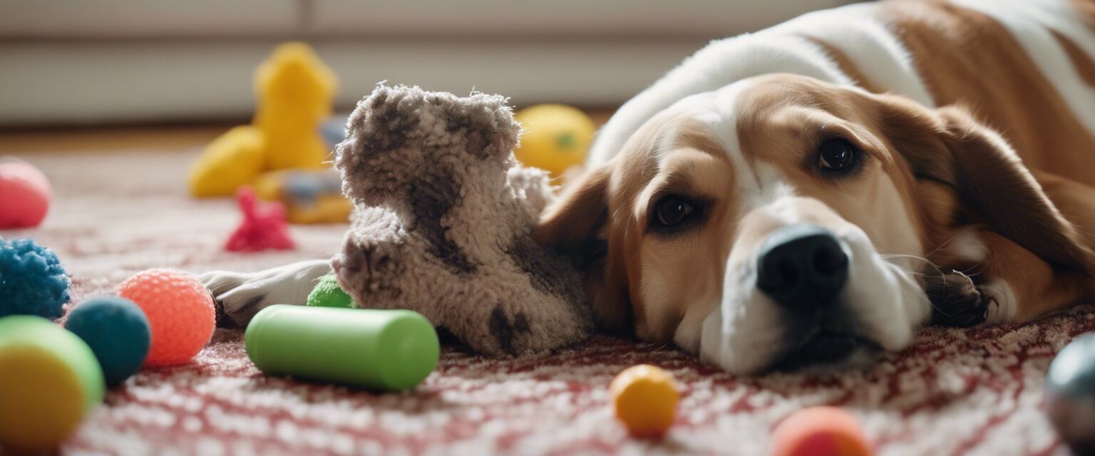 Dog engaged with chew toys on the carpet.