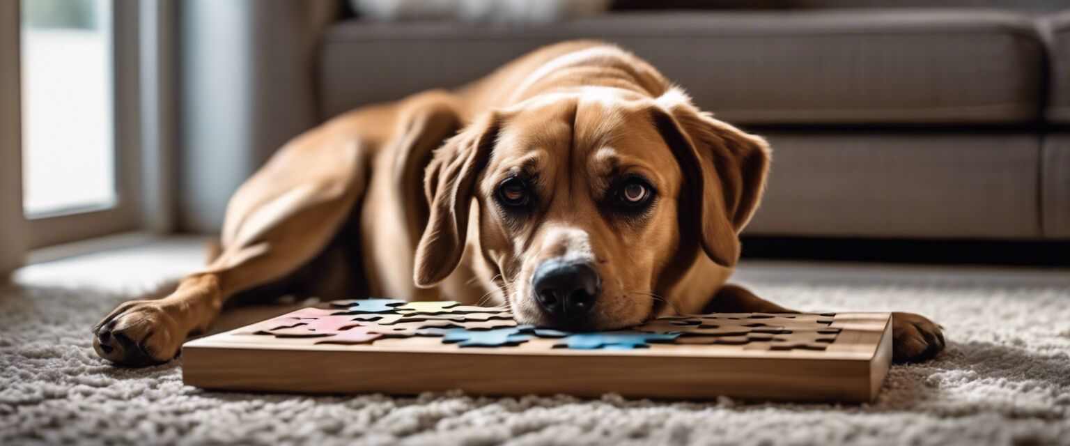 Dog solving a puzzle toy