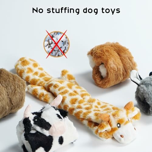 Assorted no stuffing dog toys with animal designs.