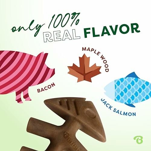 Illustration of bacon, maple wood, and jack salmon shapes with text 'only 100% real flavor'.